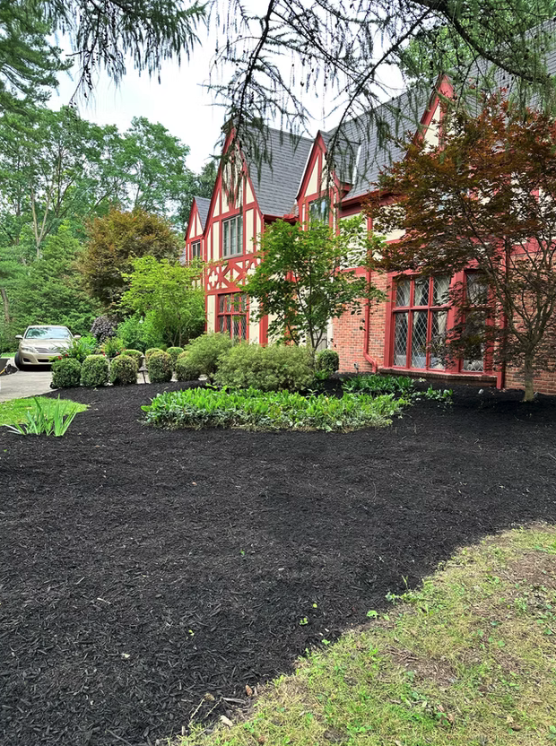 Fresh black mulch install on a Tudor-style home